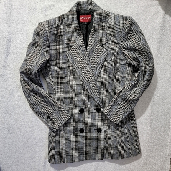 Sasson Vintage 90s Wool Blend Women's Blazer Glen Check Double Breasted Size 6 - Picture 2 of 11